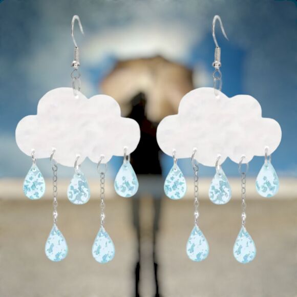 White Rain Clouds With Lt. Blue Dangle Raindrops 1.6" x 2.25" - Picture 1 of 7